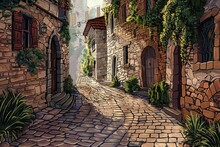 This Illustration Invites You On A Stroll Through A Timeless Cobblestone Alleyway, With Stone Houses Adorned With Ivy And Red Flowers Basking In The Soft, Dappled Light.