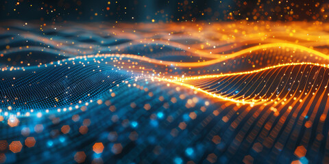 3d gold blue yellow abstract dots representing digital binary data. Concept for big data, deep machine learning, artificial intelligence, business technology background. virtualization, futuristic,