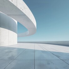 Empty Concrete Floor For Car Park. 3d Rendering Of Abstract White Curved Building With Blue Sky Background. Generative AI