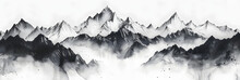 Watercolour Black And White Mountains In Winter With White Background