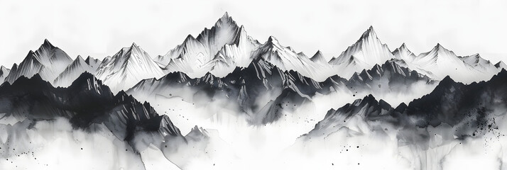 watercolour black and white mountains in winter with white background