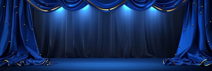 Wall Mural - Blue stage curtains. Empty theater stage with blue curtains. Spotlight showtime, copy space, banner