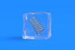 Metal spring in ice cube. 3d illustration