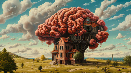 Wall Mural - multiple versions, cleaning multiple rooms of house that is shaped like a brain. theme: spring cleaning of the mind. painting. Generative Ai