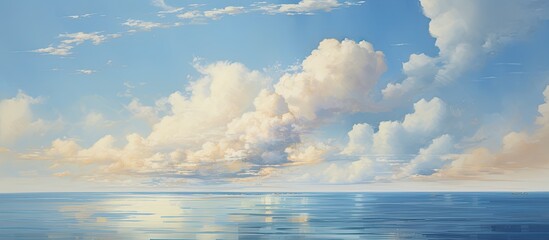 Wall Mural - A serene natural landscape with a cloudy sky reflecting on the calm water of a lake. The cumulus clouds create a dynamic atmosphere over the horizon