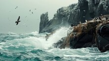 A rugged coastline battered by crashing waves, where a pod of sea wolves, adept swimmers and hunters
