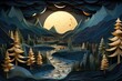 Papercut Art of Nighttime Forest and River under Full Moon. 