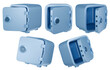 Open cartoon safe set. Isolated blue metal safes in different angles. 3D rendering.