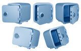 Fototapeta Sypialnia - Open cartoon safe set. Isolated blue metal safes in different angles. 3D rendering.