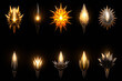 Set of ten glowing and shining enchanted relics, wizarding artifacts, mana Stones, magical things isolated on black background. 