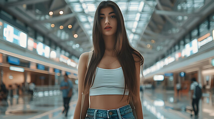 Sticker - a beautiful woman visual till her waist, looking straight at us standing in the middle of the airport, wearing casual clothes holding a boarding pass in her hand, with a lot of space around her in the