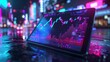 Close view of tablet with stock growth graph, neon glow, front angle, sharp clarity