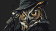Owl detective with magnifying glass, noir vector style,