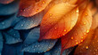 Close-up shot of stunning warm-toned autumn leaves adorned with sparkling dew drops, evoking warmth and freshness