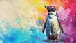  A colorful painting featuring a penguin against a backdrop of splattered paint