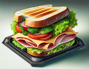 sandwich with ham, cheese, tomatoes, lettuce, and toasted bread