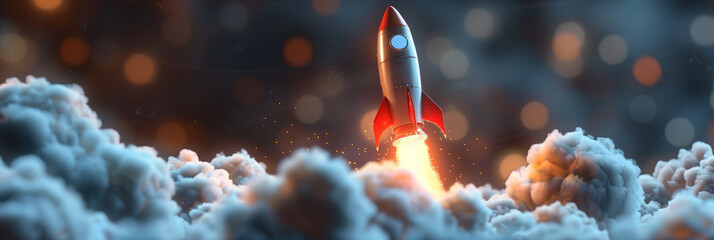Launching Space Rocket with smoke, red rocket taking off,banner
