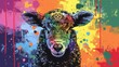  A vibrant portrait of a sheep with splattered paint on its body and head