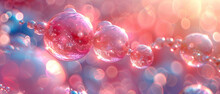 Macro image showcasing multiple bubbles with pink and blue reflections creating a mesmerizing, colorful backdrop