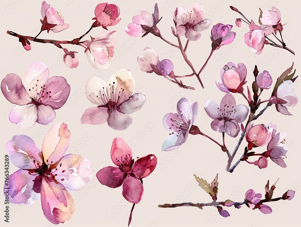 Watercolor cherry blossom clipart in soft pink and white tones Stock ...