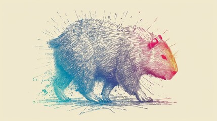 Wall Mural -  Draw a porcupine on a white canvas, apply blue and red paint splatters