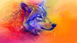  Digital artwork of a wolf's head against an orange-yellow-pink-blue gradient backdrop