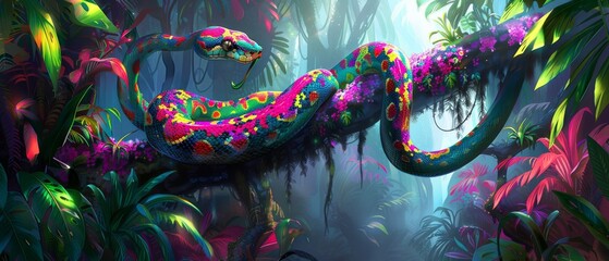 Wall Mural -  Snake on branch in middle of forest surrounded by plants, vivid colors