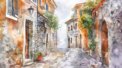 Poster - Watercolor illustration of a quaint European cobblestone street with colorful buildings and lush greenery, evoking a serene, artistic ambiance