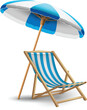 White and blue striped sun lounger and beach umbrella. Highly realistic illustration.
