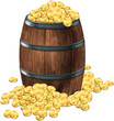 Wooden barrel with gold coins on a white background. 3d vector. Highly detailed realistic illustration.