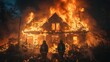 House engulfed in flames with firefighters - Intense image showing a house completely on fire with two firefighters in front, highlighting the danger and heroism of fire service work
