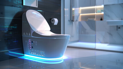 A futuristic bathroom design with a smart toilet, motion-activated faucets, and a digital shower control panel for ultimate convenience