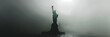 Statue of Liberty silhouette in mist, iconic landmark. Travel and NY city concept with copy space.
