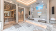 A luxurious spa bathroom with a steam shower, marble bench seating, and built-in speakers for a relaxing ambiance