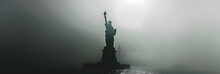 Statue Of Liberty Silhouette In Mist, Iconic Landmark. Travel And NY City Concept With Copy Space.