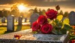 Red roses on a gravestone in a cemetery