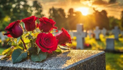 Canvas Print - Red roses on a gravestone in a cemetery