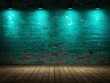 Room with brick wall and turquoise lights background