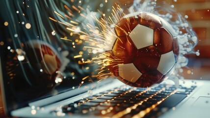 Wall Mural - Soccer ball bursting with energy on laptop - Dynamic imagery of a soccer ball exploding with energy and light on a computer keyboard