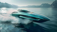 A Boat Speeds Across The Sea With Mountains In The Distance, Exhibiting Streamline Elegance And Precisionist Aesthetics In Teal And White.