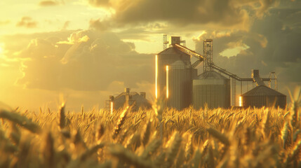 A grain field foregrounds grain silos, detailed in golden hues, critiquing consumer culture.