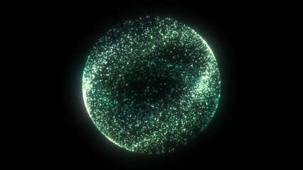 Wall Mural - Bright glowing rotating particles 3d sphere in universe. Abstract technology, science, engineering and artificial intelligence background. Animated wave energy sphere. Green. 4k loop.
