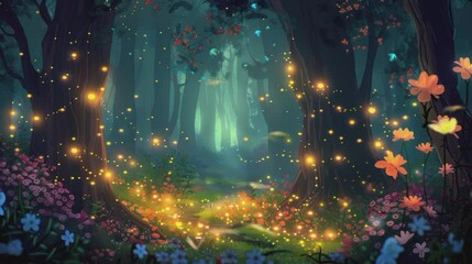 Wall Mural - Fantasy Background with Forest, Blooming Path, and Moonlight seamless looping time-lapse virtual 4k video animation background.