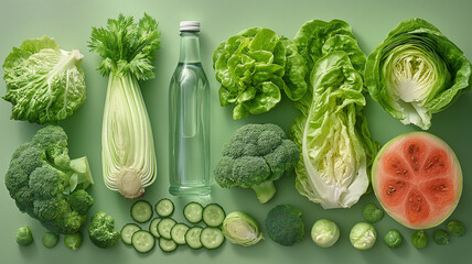 Wall Mural - Green vegetables arranged irregularly on a light green background