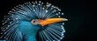  A zoomed-in picture of a blue avian with an extended neck and a considerable orange bill adorned with minute white spots on its crown