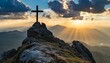 Cross in the mountains background sunset