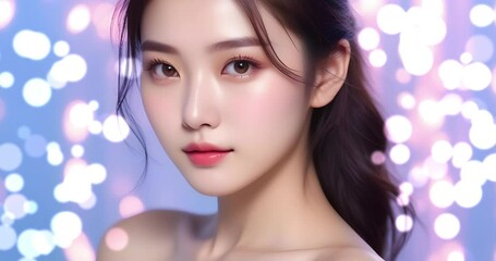 Wall Mural - Beautiful and cute Asian girl model's glowing clear and moisturized skin, skin care, freshness and beauty images. Particle animation background with sparkling bokeh..美しい女性の美容イメージ。