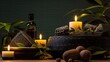 sauna accessories, creams, soap, shampoo, towels, candles, relaxation, dark background