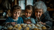 A grandmother teaches her grandchildren to bake