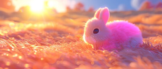  Pink Bunny Sunlit Field Grass Eyes Open